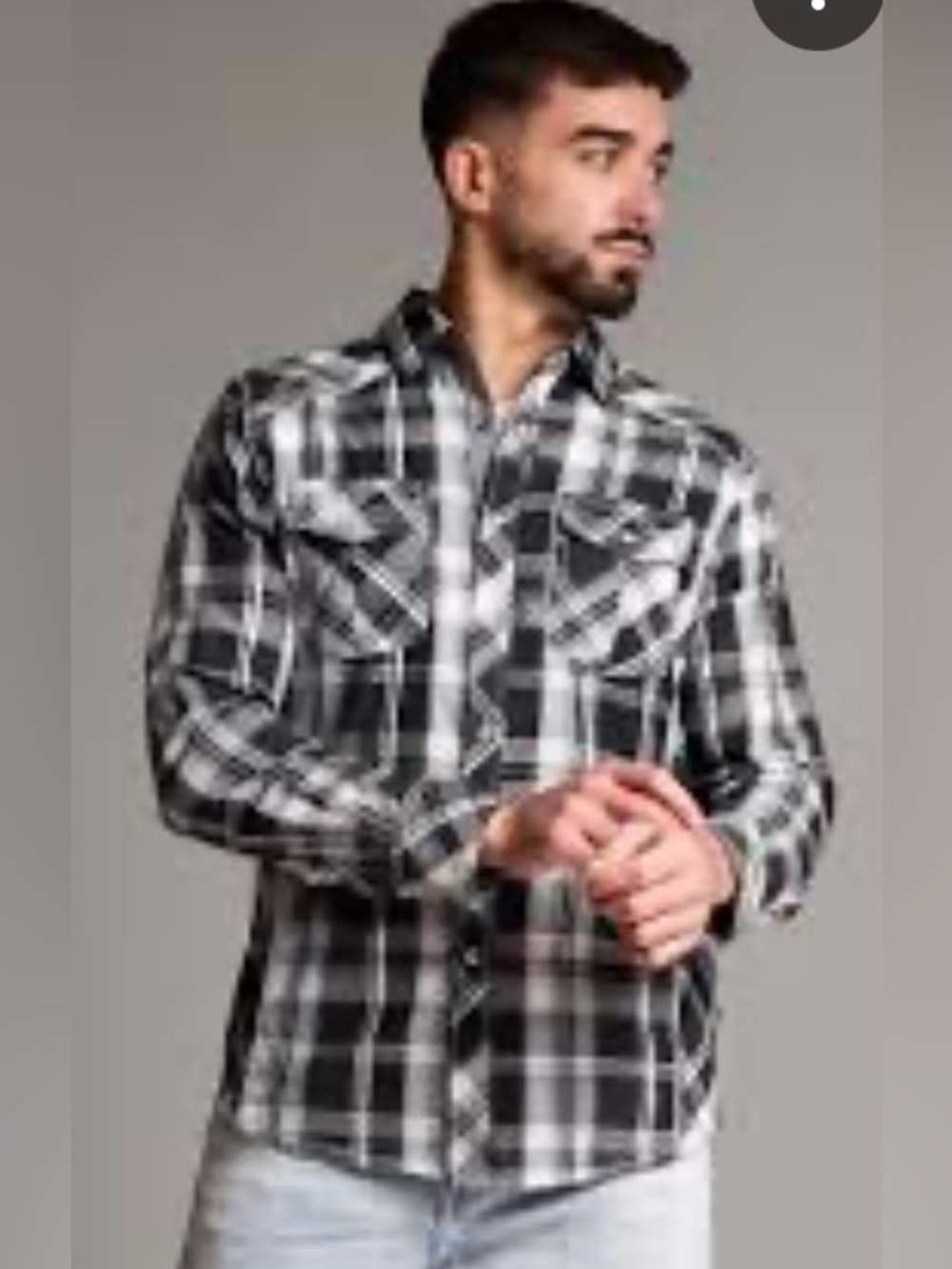 BKE Black Blue Gray& White Plaid Long-Sleeve Button-Down Pearl Snap Shirt XL